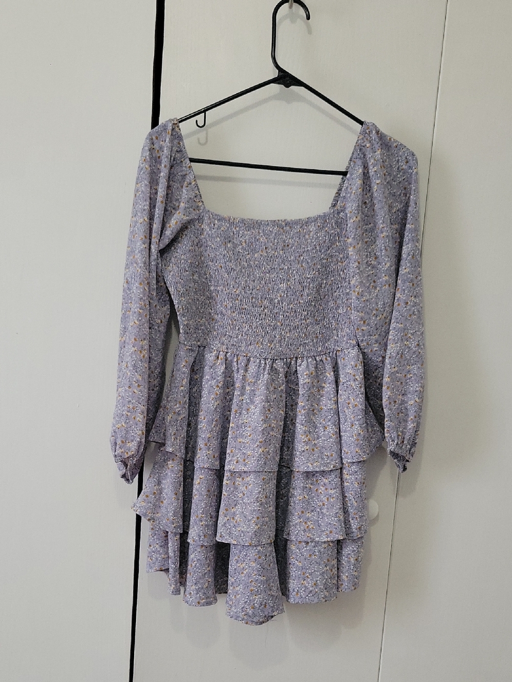 Romper Lavender  Floral Smocked Tiered  Long Sleeve Mini Dress